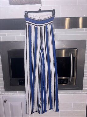Wide Leg Striped Knit Pants - Blue & White